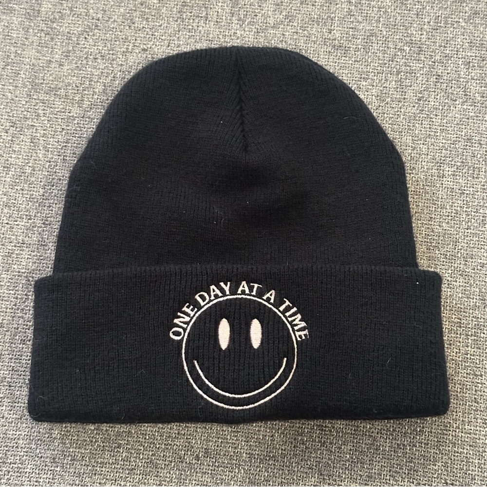 EUC “ONE DAY AT A TIME” Black Beanie with Smiley Face Embroidery